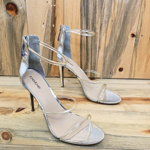 Bebe Berdine Metallic Silver Clear Ankle Strap Stiletto Heel Size 11 - Picture 2 of 6